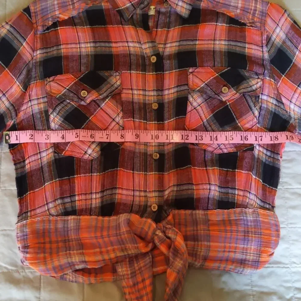 Free People We The Free Pink Orange Plaid Tie Front Western Shirt Medium - Picture 7 of 7